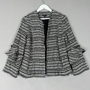 Drew Womens Jacket Medium Black Tweed Ruffle Flare Sleeve Open Cardigan Blazer